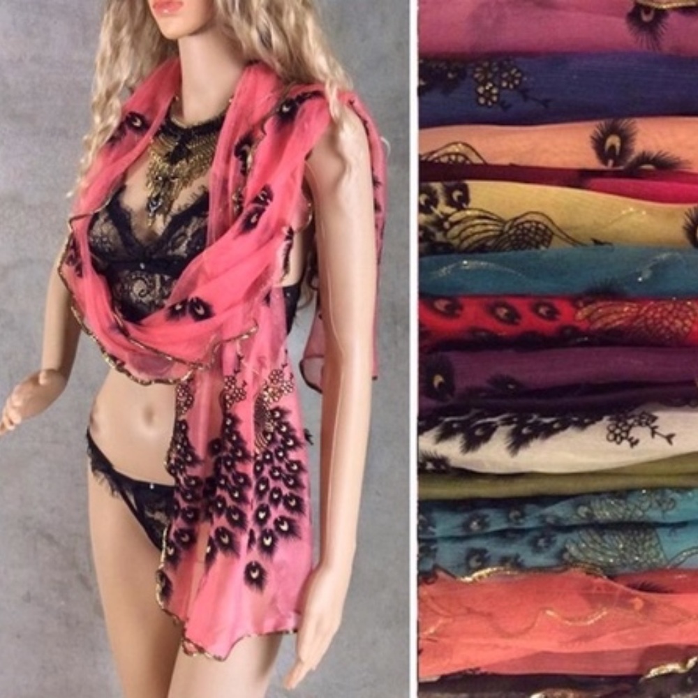 🍒 1PC BLACK PEACOCK EMBROIDERED LONG SCARF GOLD - Picture 4 of 4